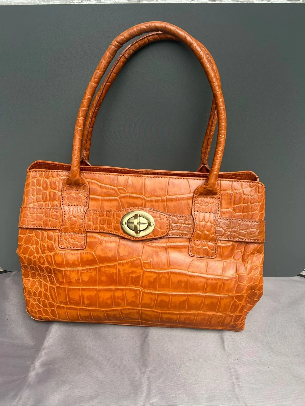 Vintage Michel Rome Croc-embossed Cognac Leather Satchel Handbag.
